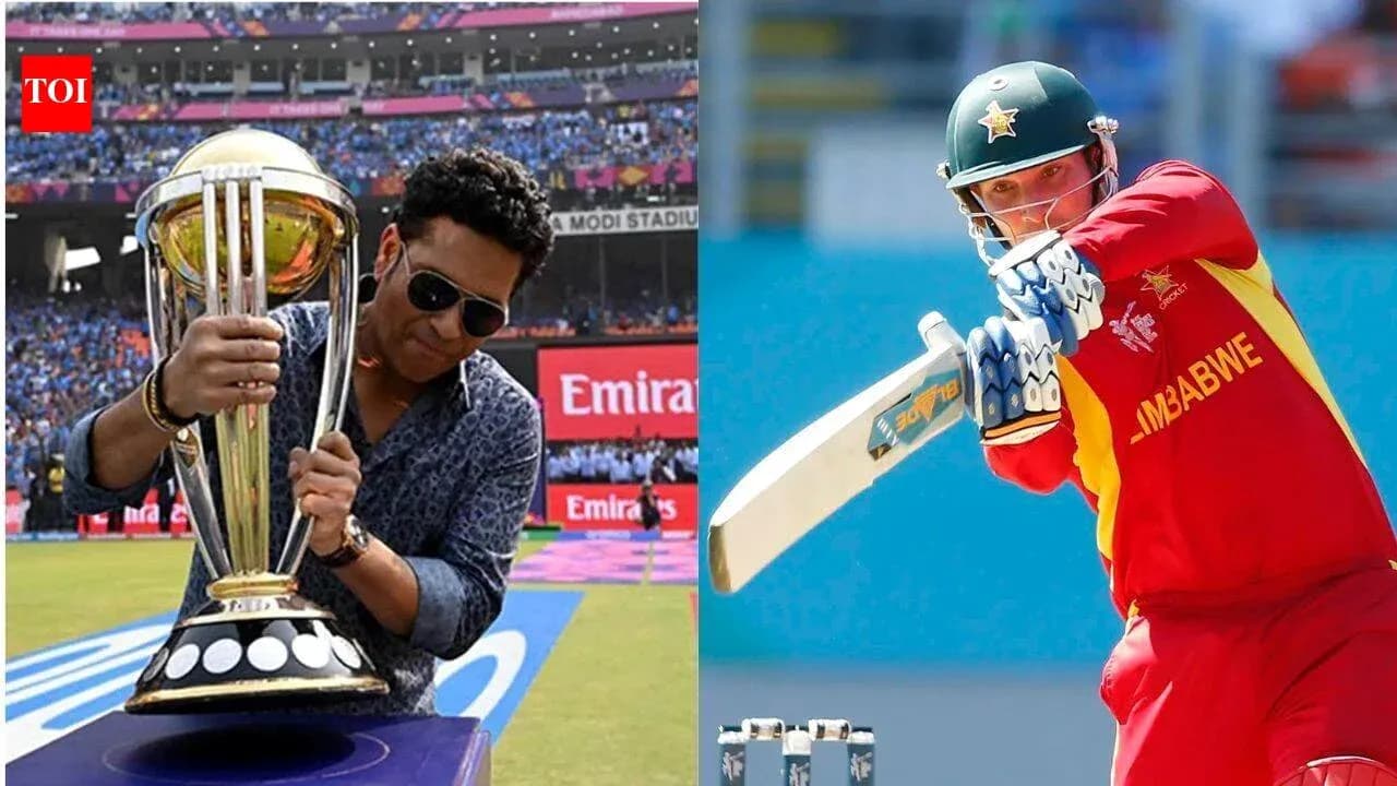 Sachin Tendulkar holding a trophy; Zimbabwe player batting