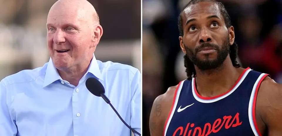 Steve Ballmer speaking, Kawhi Leonard looking up