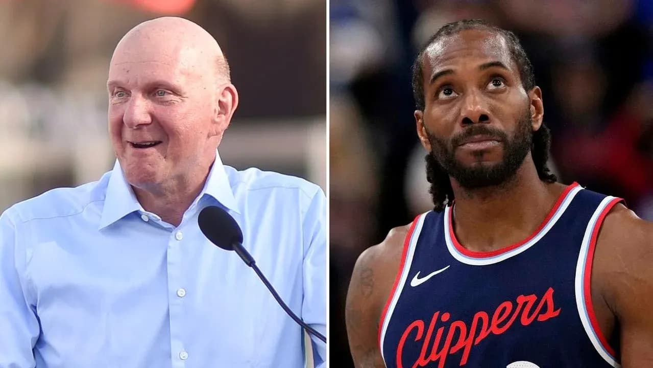 Steve Ballmer speaking, Kawhi Leonard looking up