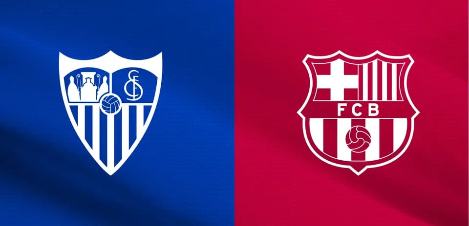 Logos de Séville et FC Barcelone sur fond coloré