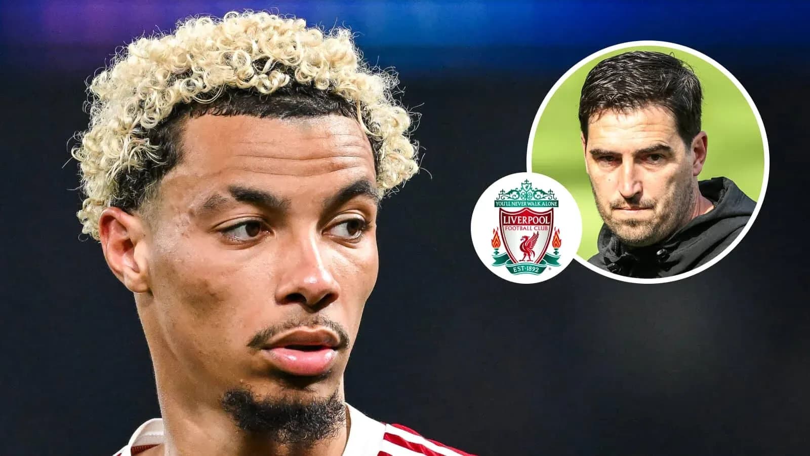 Joueur avec cheveux bouclés, logo Liverpool en arrière-plan