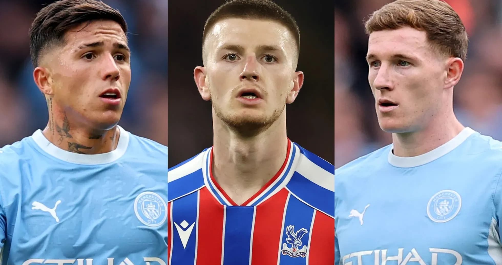 Trois joueurs en maillots de Manchester City et Crystal Palace