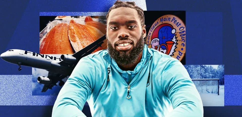 Athlete posing with various thematic images in background