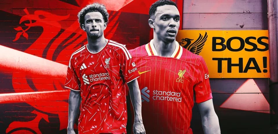 Joueurs de Liverpool en maillots rouges sur fond graphique