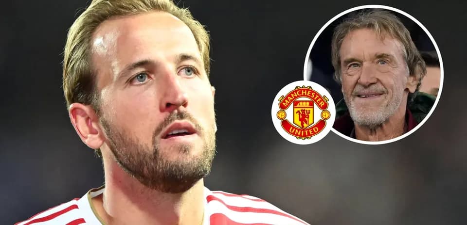 Harry Kane with Manchester United logo and observer