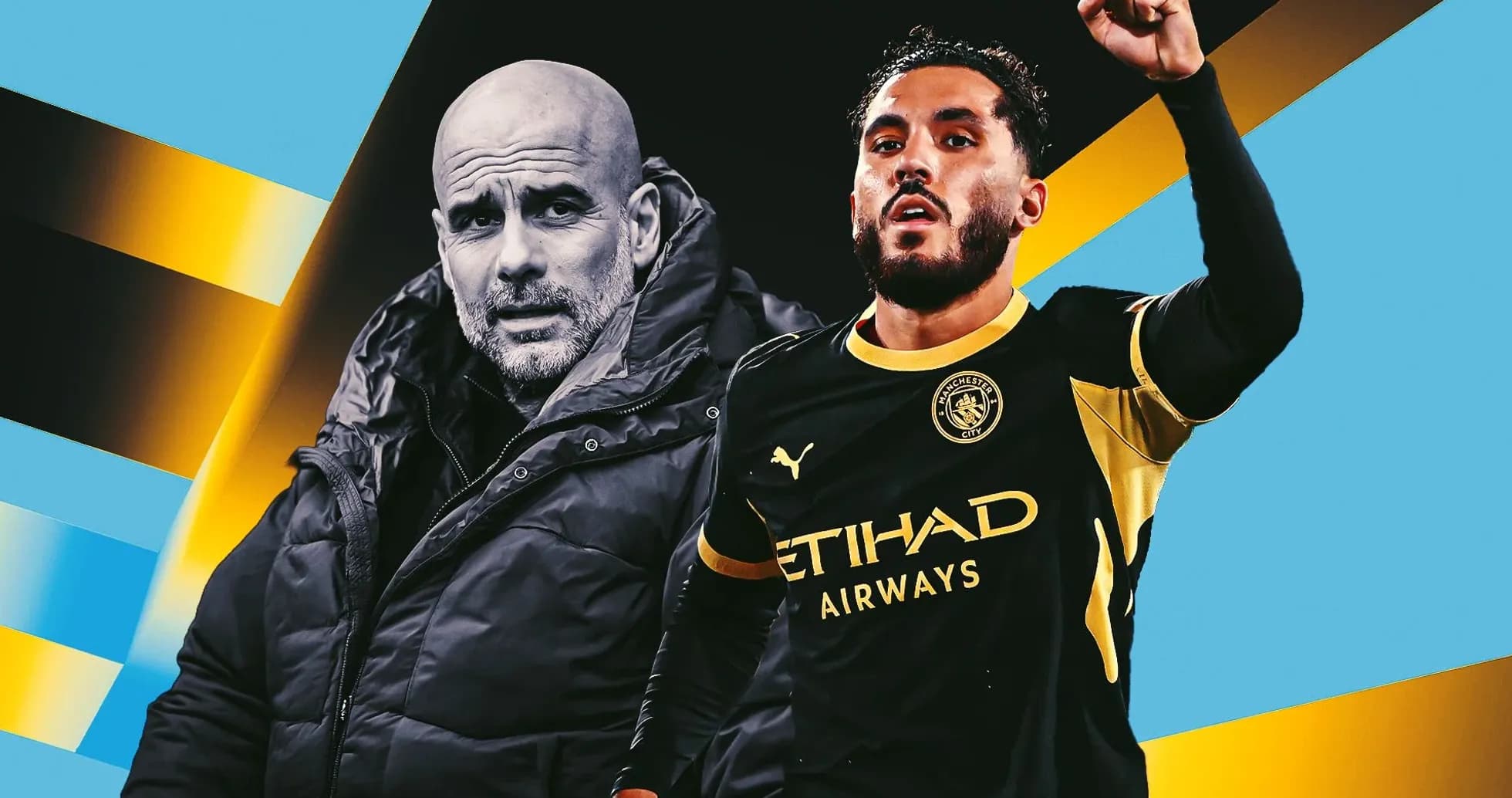 Joueur de Manchester City célébrant avec entraîneur en arrière-plan