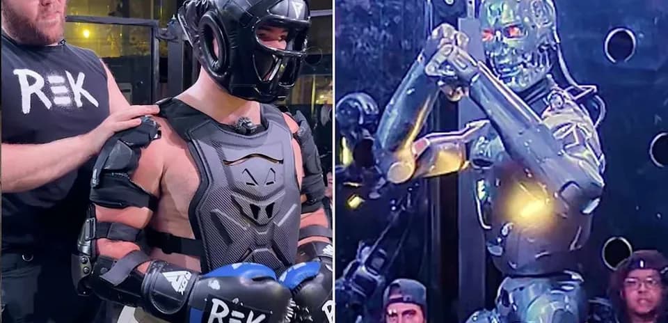 Un combattant équipé face à un robot de combat