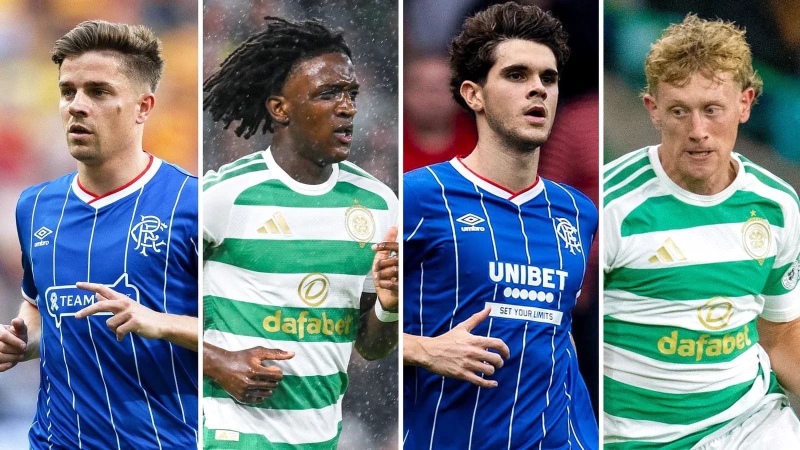 Quatre joueurs en action avec des maillots de clubs rivaux