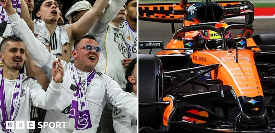 Supporters cheering on the left, McLaren car racing on the right
