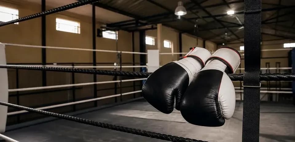 Gants de boxe accrochés aux cordes du ring