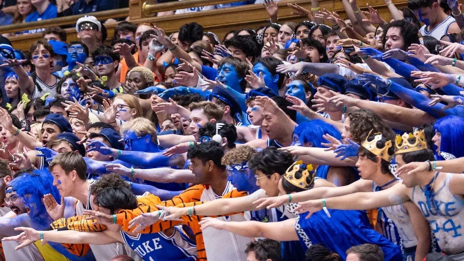 Supporters en costume bleu agitant les bras dans les gradins