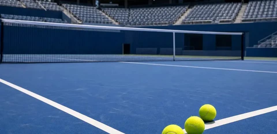 Trois balles de tennis sur le court bleu
