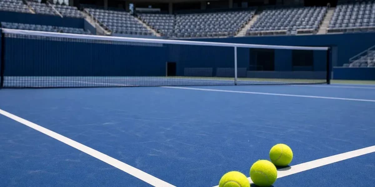 Trois balles de tennis sur le court bleu