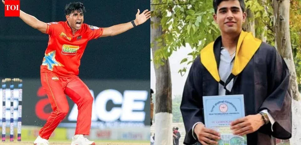 Joueur de cricket en action et diplômé posant
