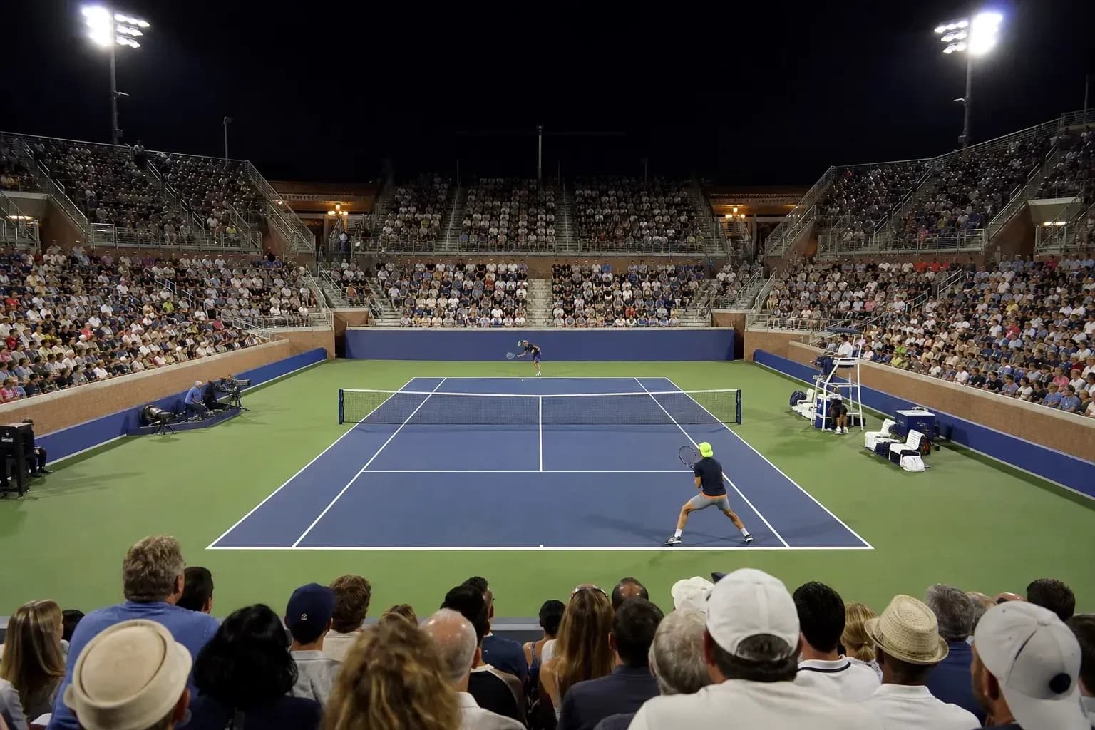 Match de tennis avec un joueur en action devant public