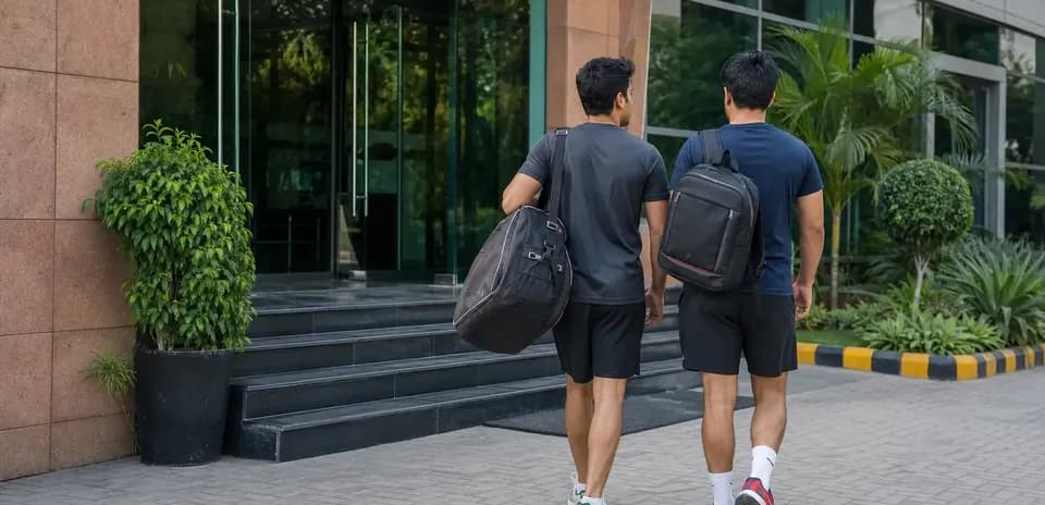 Deux hommes marchant avec des sacs vers un bâtiment