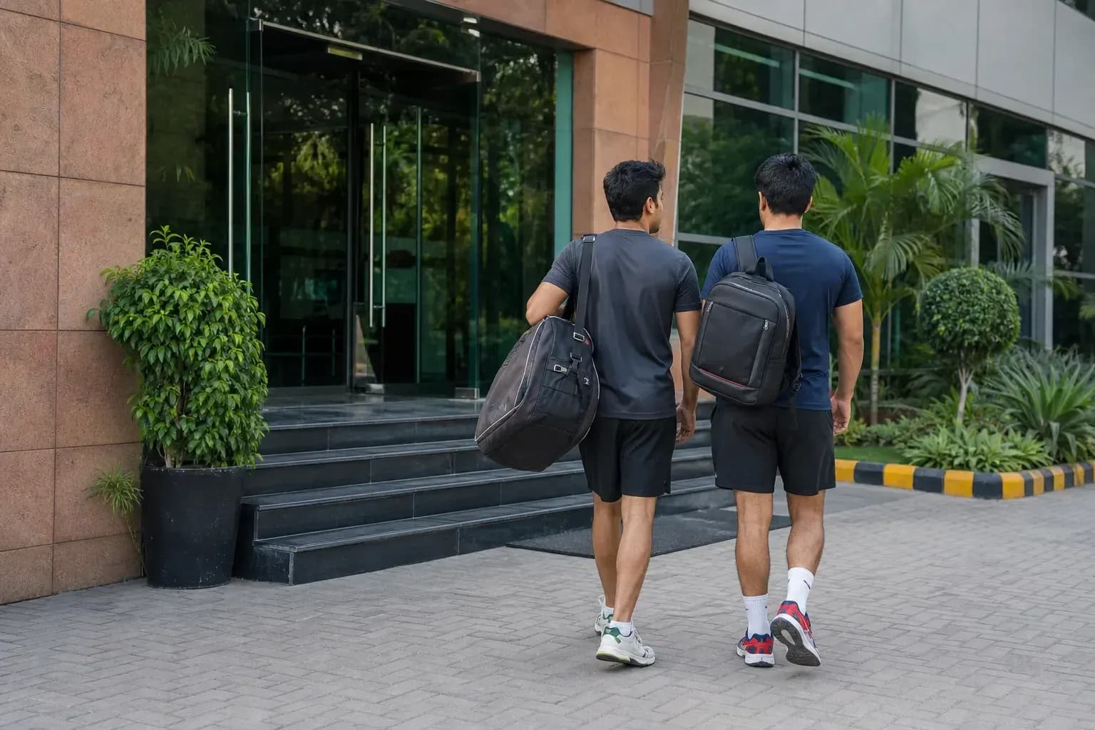 Deux hommes marchant avec des sacs vers un bâtiment