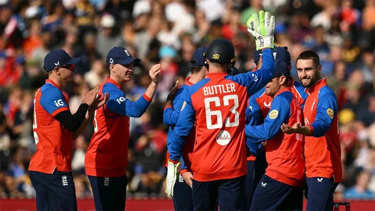 Équipe anglaise célébrant un wicket au cricket