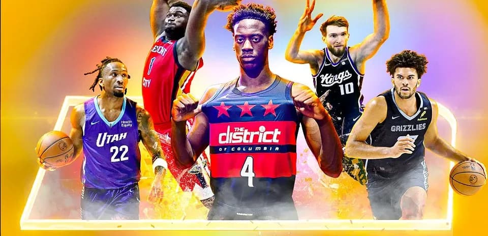 Cinq joueurs de basket-ball avec ballons en action
