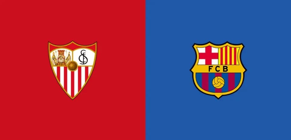 Logos de Séville et FC Barcelone sur fond coloré