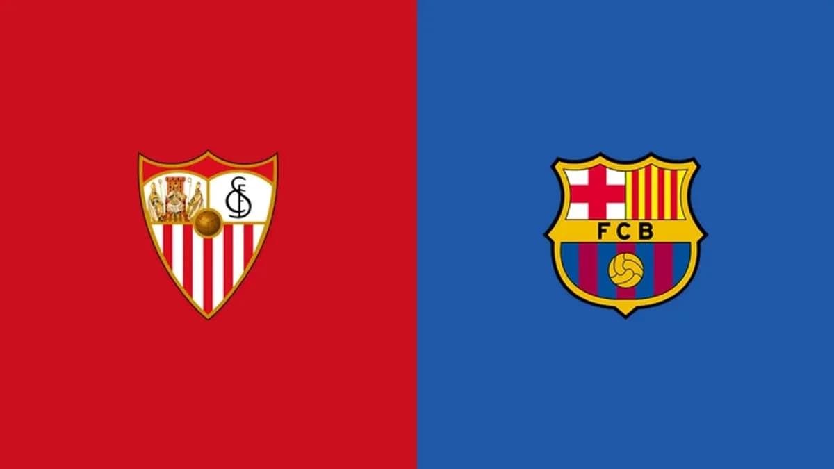 Logos de Séville et FC Barcelone sur fond coloré