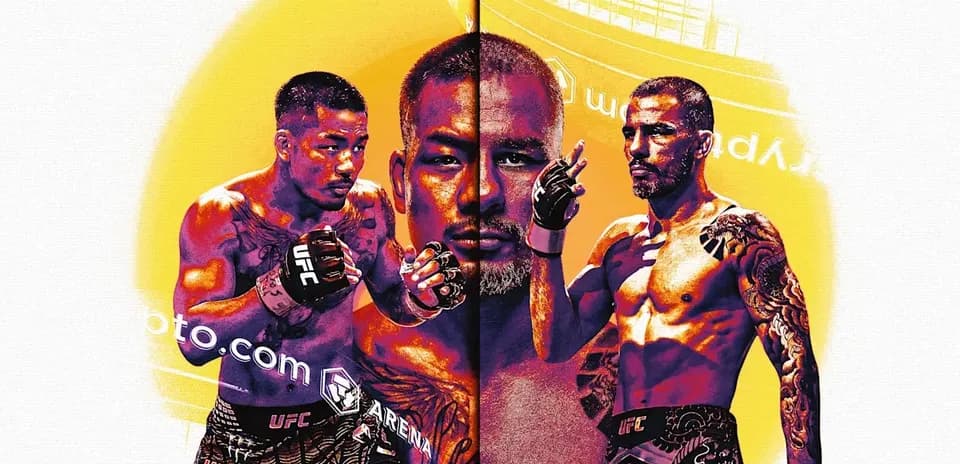 Trois combattants de MMA avec gants sur fond coloré