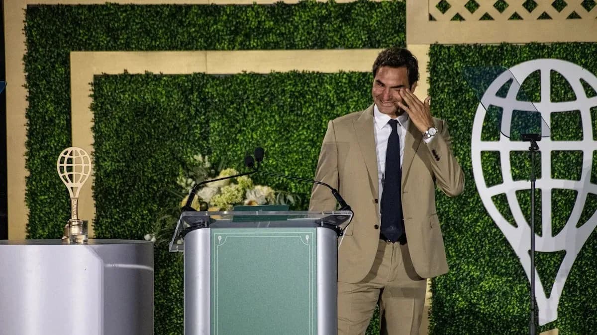 Roger Federer speaking at an award ceremony Roger Federer speaking at an award ceremony