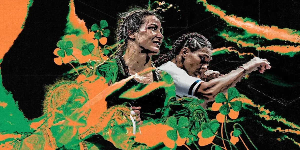 Deux combattantes de MMA avec des éléments graphiques colorés Deux combattantes de MMA avec des éléments graphiques colorés