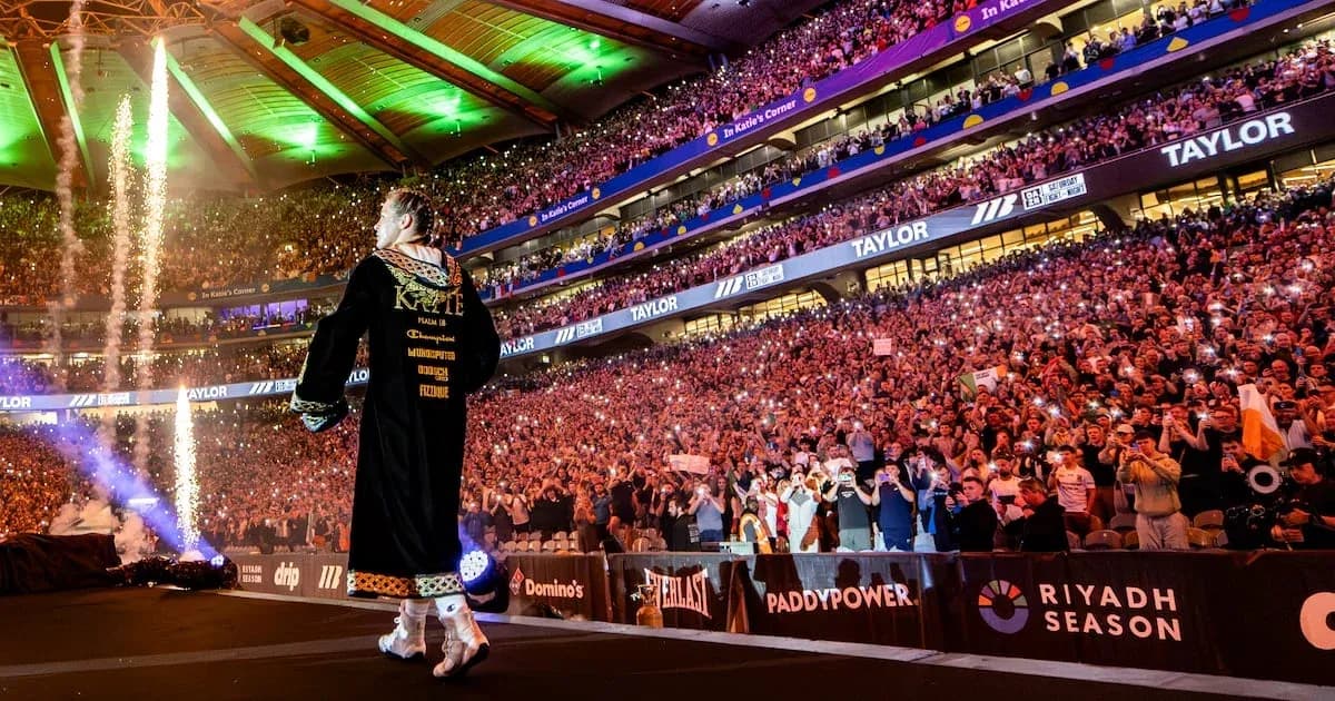Boxer entering arena with fireworks and cheering crowd Boxer entering arena with fireworks and cheering crowd