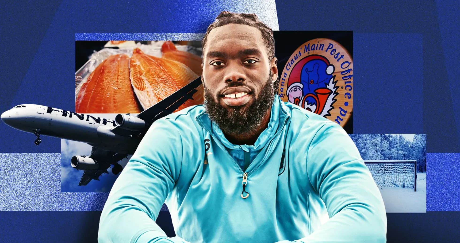 Athlete posing with various thematic images in background Athlete posing with various thematic images in background