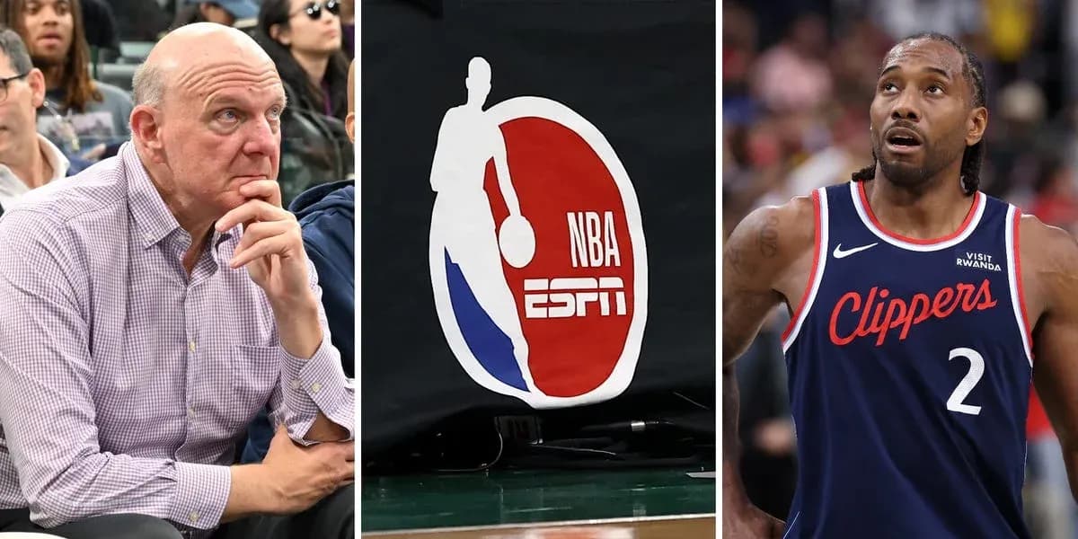 Steve Ballmer and Kawhi Leonard during NBA game Steve Ballmer and Kawhi Leonard during NBA game
