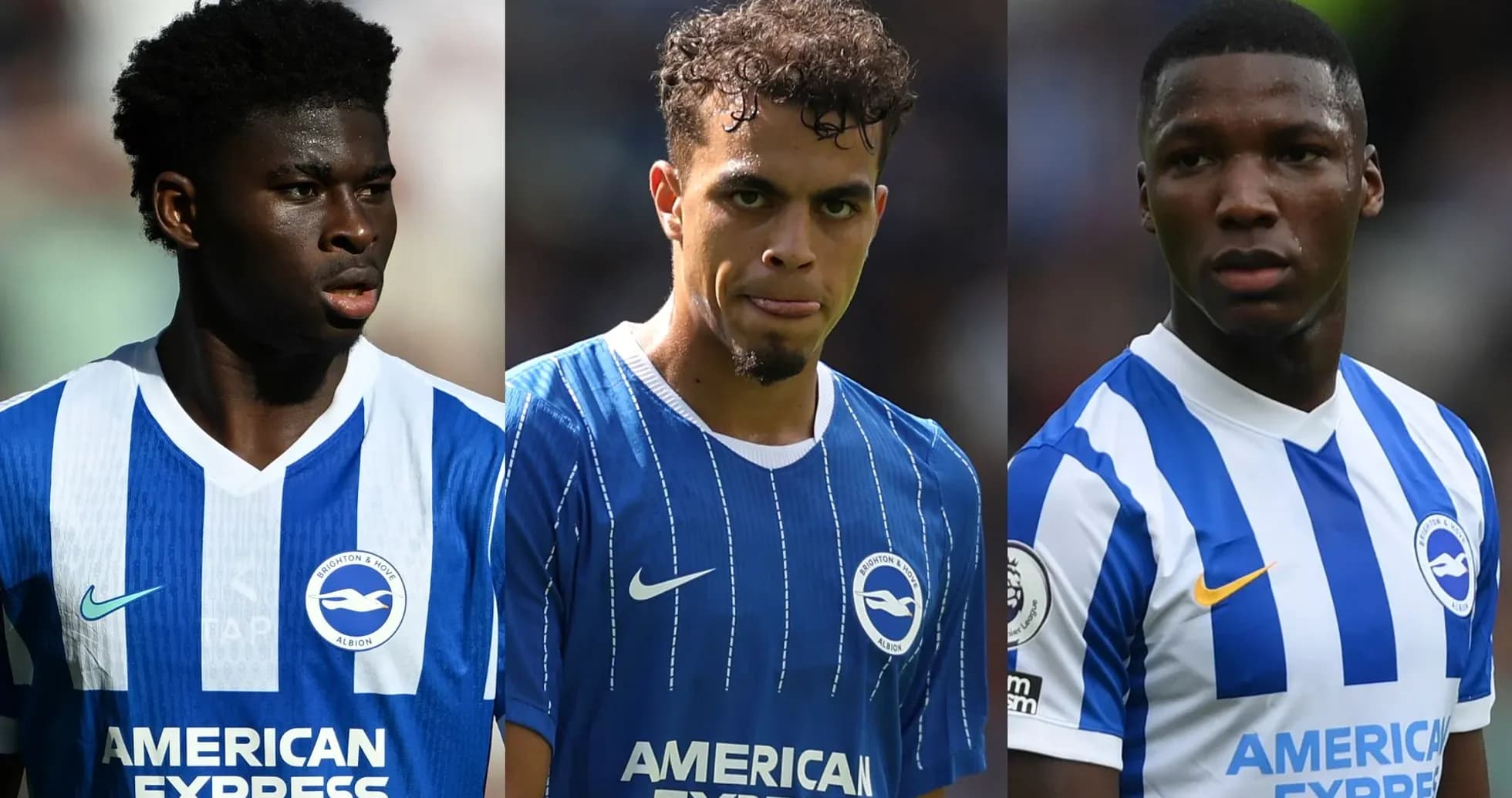 Trois joueurs de Brighton en maillot bleu et blanc Trois joueurs de Brighton en maillot bleu et blanc