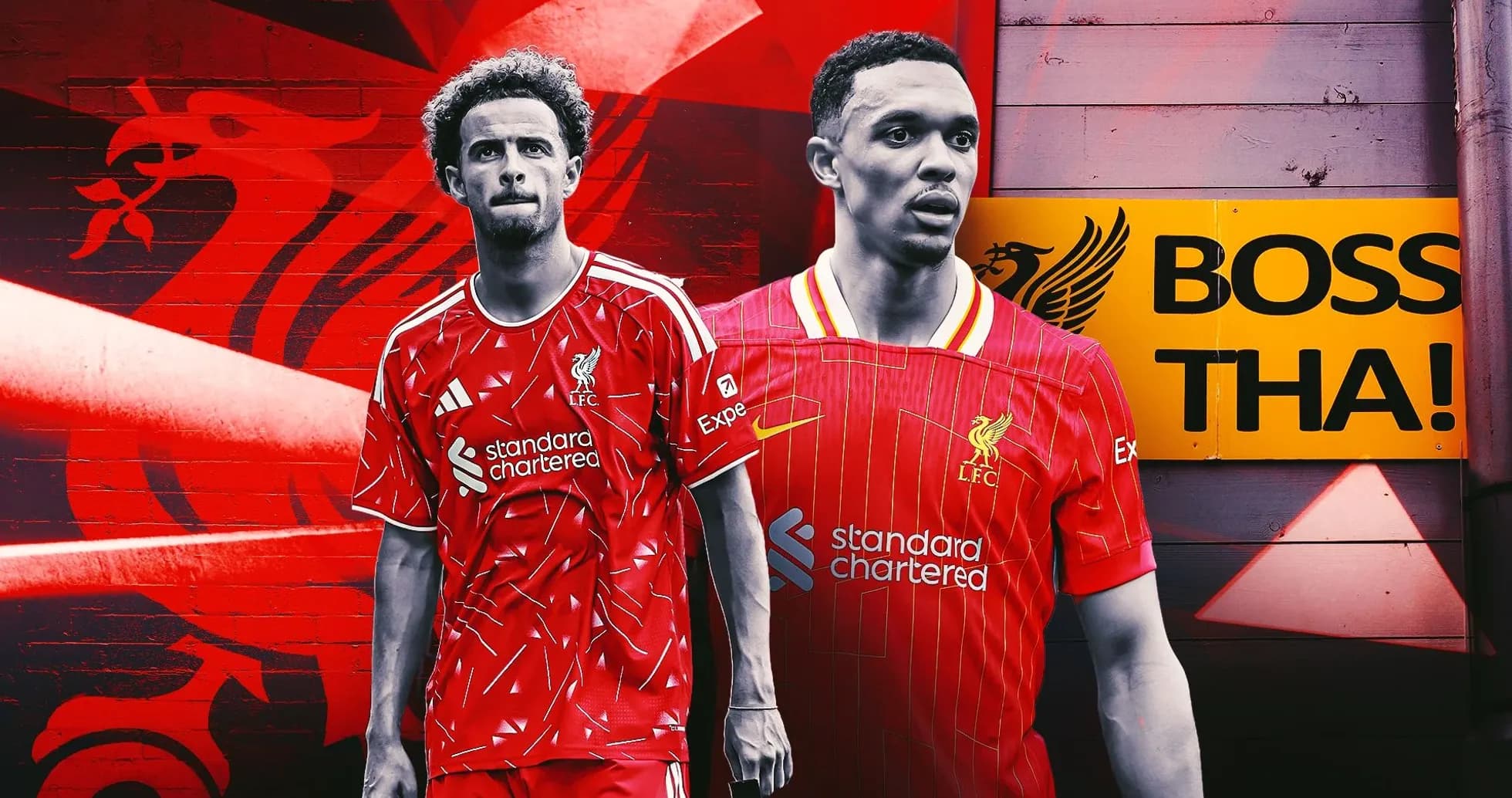 Joueurs de Liverpool en maillots rouges sur fond graphique Joueurs de Liverpool en maillots rouges sur fond graphique