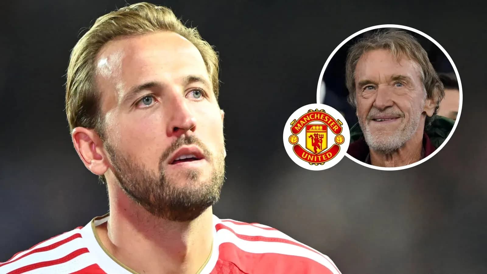 Harry Kane with Manchester United logo and observer Harry Kane with Manchester United logo and observer