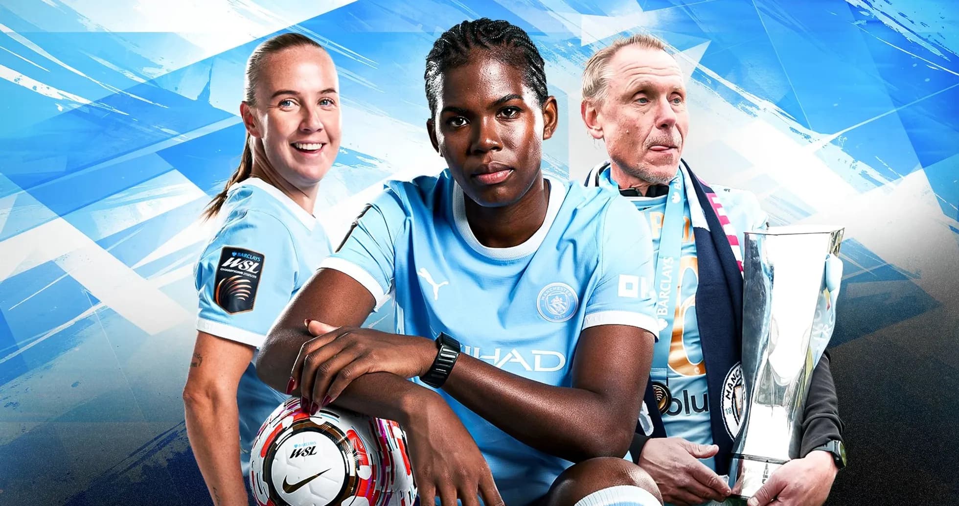 Trois membres de l'équipe de Manchester City posant Trois membres de l'équipe de Manchester City posant