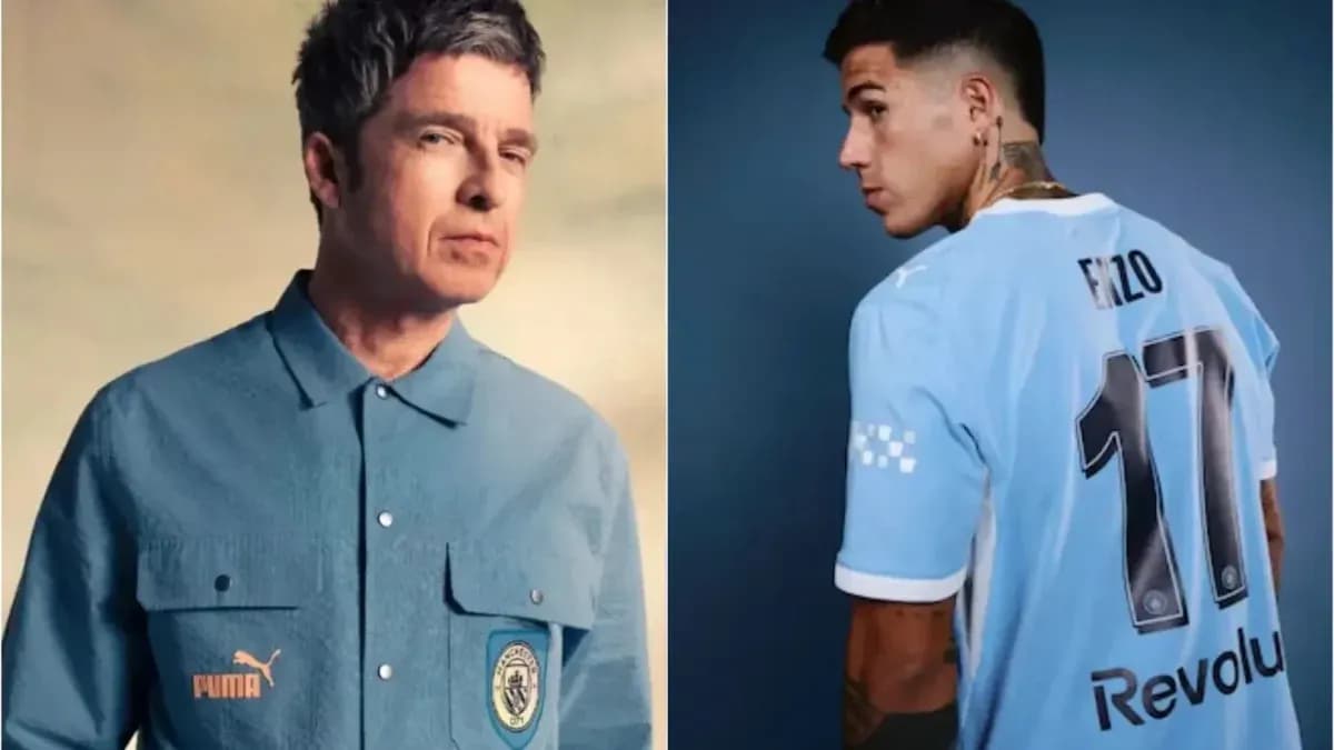 Noel Gallagher et joueur en maillot de Manchester City Noel Gallagher et joueur en maillot de Manchester City