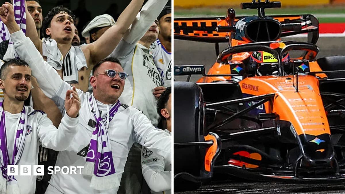 Supporters cheering on the left, McLaren car racing on the right Supporters cheering on the left, McLaren car racing on the right