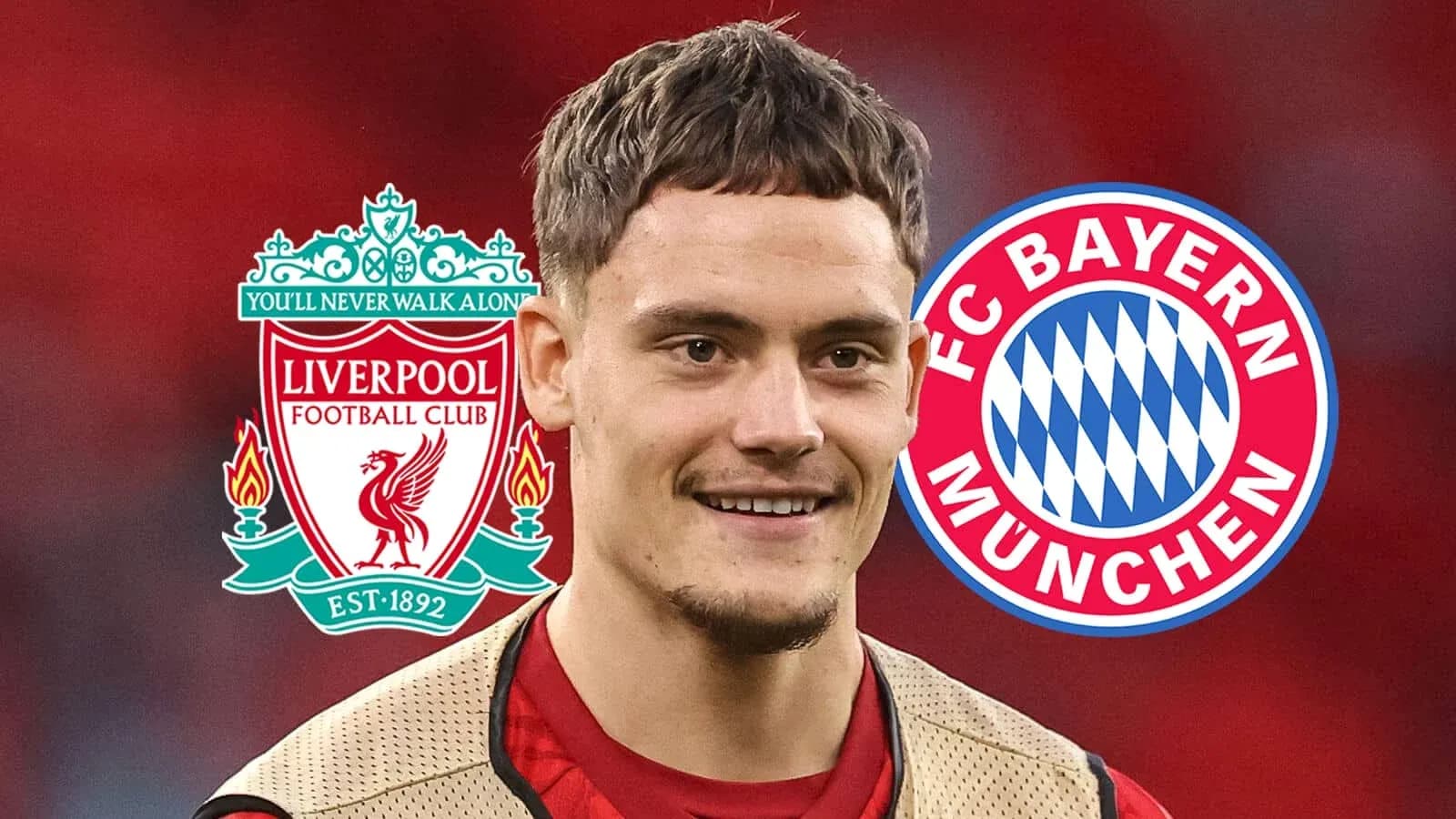 Joueur souriant avec logos de Liverpool et Bayern Munich Joueur souriant avec logos de Liverpool et Bayern Munich