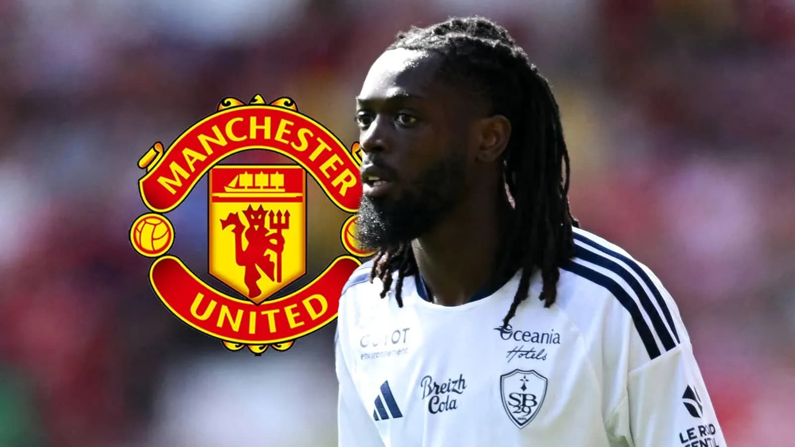 Joueur avec maillot de club devant logo Manchester United Joueur avec maillot de club devant logo Manchester United