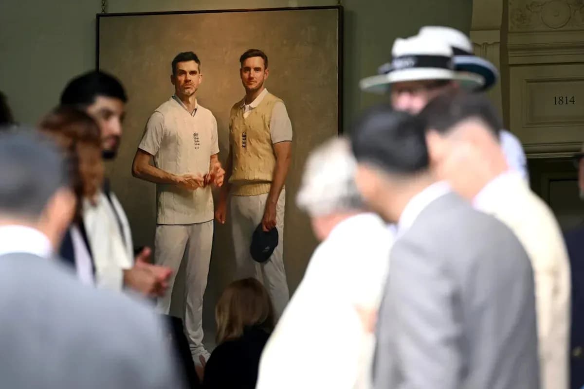 Portrait of two cricketers displayed at event Portrait of two cricketers displayed at event