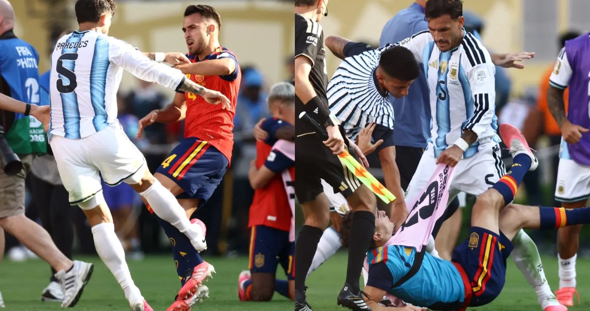 Joueurs d'Argentine et d'Espagne en confrontation sur le terrain Joueurs d'Argentine et d'Espagne en confrontation sur le terrain