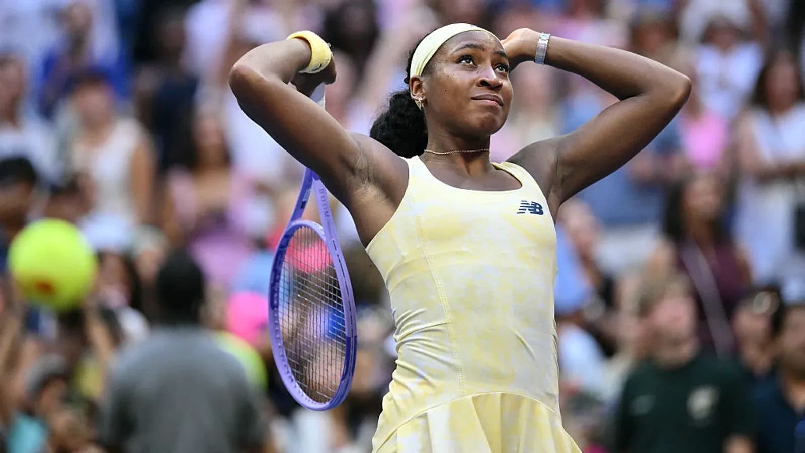 Coco Gauff celebrating with racket after match Coco Gauff celebrating with racket after match
