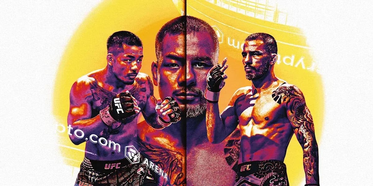 Trois combattants de MMA avec gants sur fond coloré Trois combattants de MMA avec gants sur fond coloré